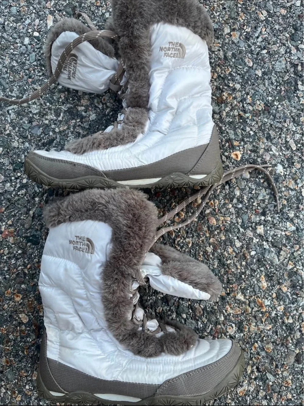 The North Face White and Brown Quilted Faux-Fur Winter Boots